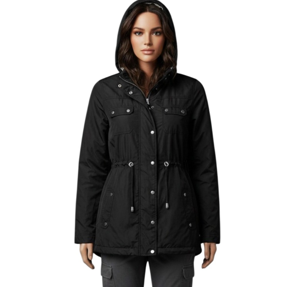 Merona Womens S Black Anorak Jacket Hooded Water Resistant Drawstring Lined Zip